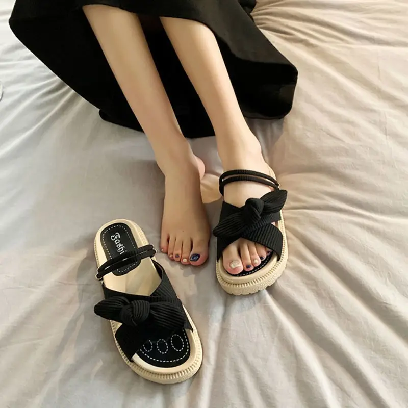 New Fairy Style Lady Summer Slippers Thick Platform Flat Sandals With Butterfly-Knot Summer Flip Flops Women Outdoor Sandals