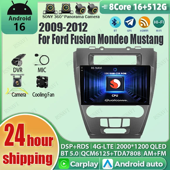 Фото Автомагнитола с Android 16, CarPlay, экраном Qualcomm 2K QLED для Ford Fusion Mondeo 2009-2012, GPS, Wi-Fi, 4G, BT, DSP, мультимедиа №1