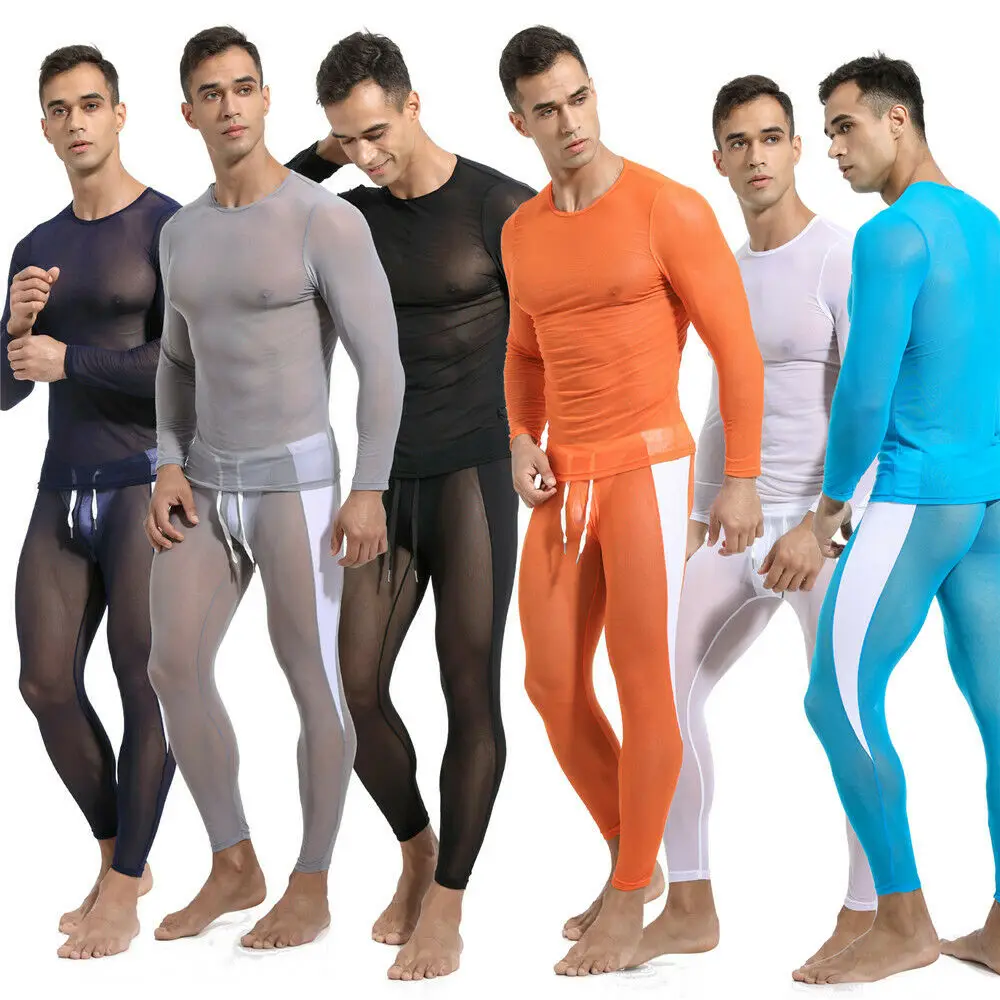 

2PCS Men Undershirts Mesh See Through Long Sleeve T-shirts Tops Tee Long Johns Pants Leggings Underwear Set Sleepwear Homewear