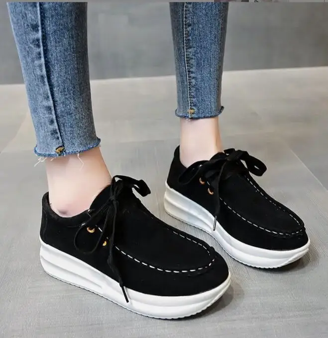 New Women Casual Shoes Height Wedge heel Black Woman Fashion Canvas Shoes Solid Color Spring Chunky Platform Shoes Large size