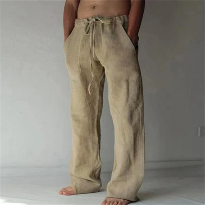 Men Cotton Linen Pants Full Length Breathable Trousers Casual Sweatpants Solid Color Loose Sports Pant Male Streetwear Trouser