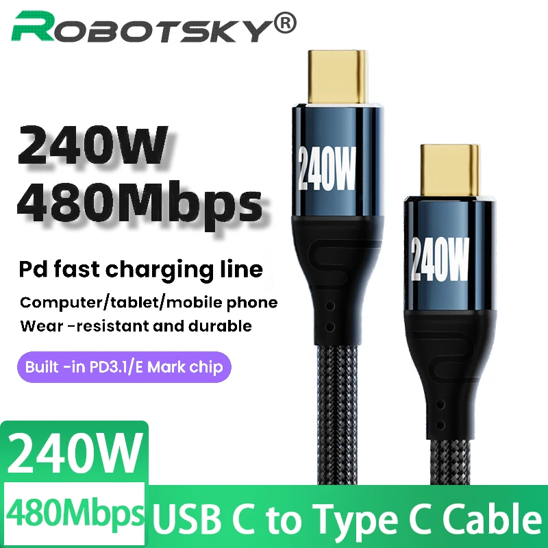 

Кабель USB Type C 240 Вт со встроенным чипом E-mark PD3.1, кабель для передачи данных для PS5 Nintendo Switch Galaxy S22 MacBook, провод для быстрой зарядки 3 м