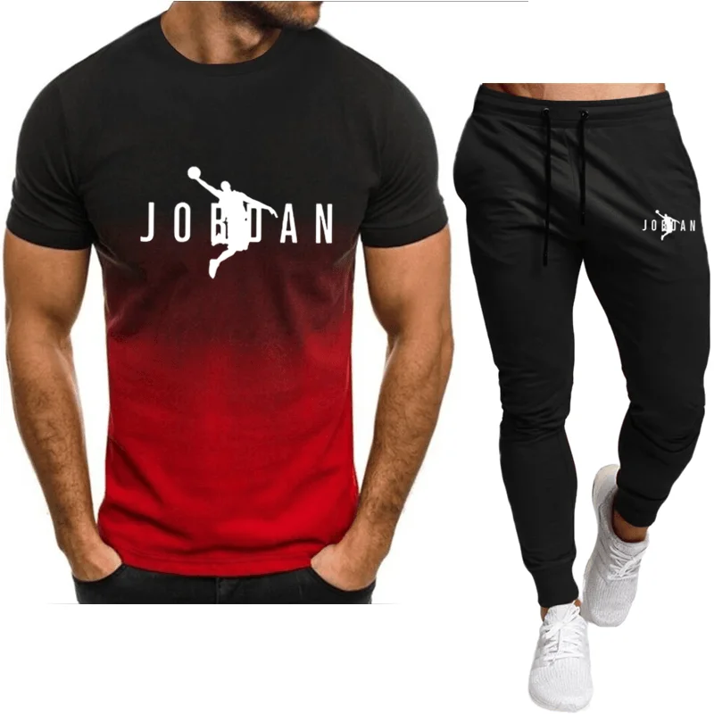 Summer men's fashion breathable top T-shirt, hot summer casual two-piece suit, running fitness sweat-absorbing sports suit