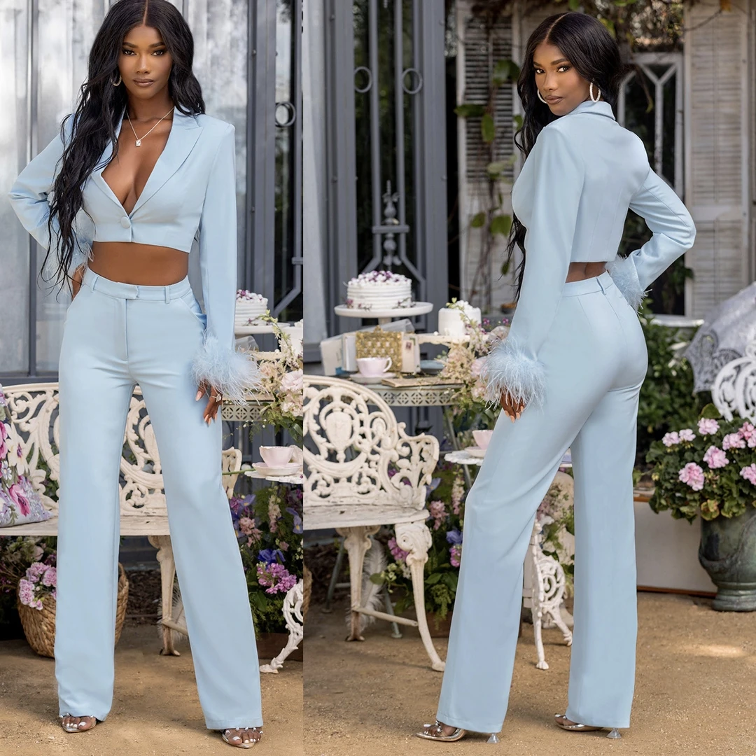 

Костюм для матери невесты из блейзера с страусиными перьями и брюк небесно-голубого цвета, вечерний блейзер для вечеринки, короткая куртка, 2 предмета