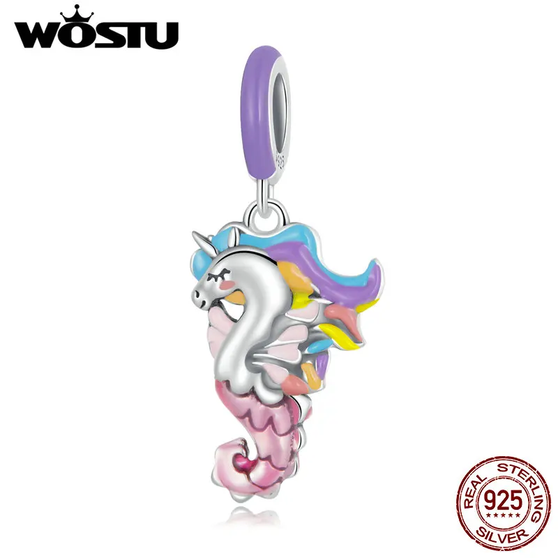 WOSTU Fashion 925 Sterling Silver Ocean Series Colorful Seahorse Turtles Pendent Charms Beaded Fit Original DIY Bracelet Jewelry