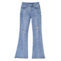 women high waist ripped jeans fringe flare pants wide leg denim trousers 2022 summer fashion elastic streetwear hole light wash