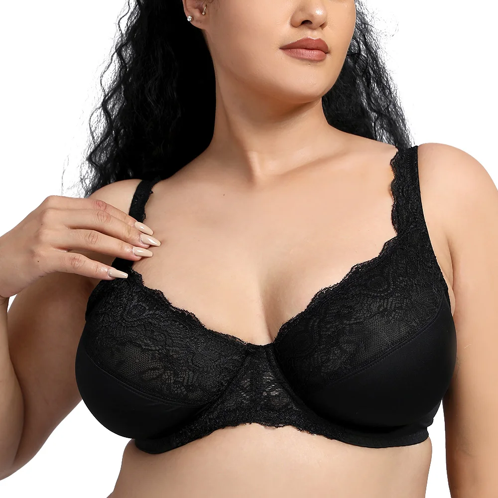 New Sexy Women Lace Bra Soft Plus Size Floral Non-padded Full Coverage Underwire Gather Lingerie BH Tops B C D DD E Cup