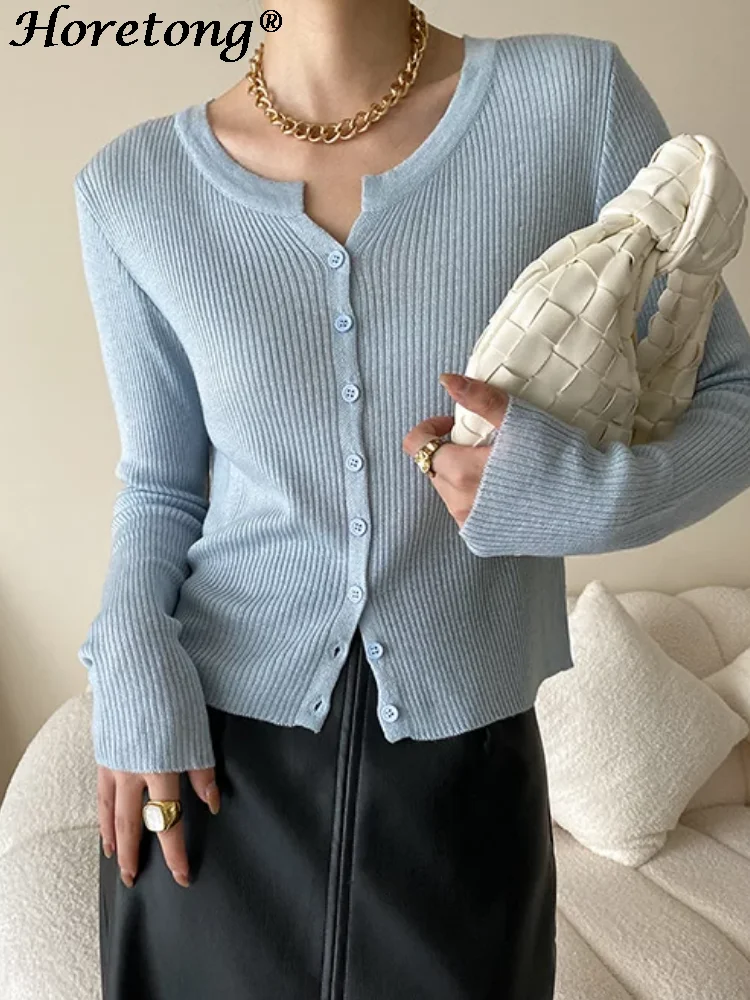 

Horetong Thin Knitted Cardigan For Women Long Sleeve Single Breasted Elegant Slim Sweater Korean Fashion Casual Soft Cardigans