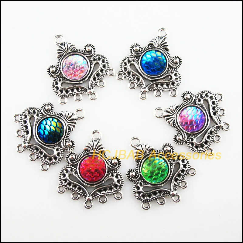 Модные 6 новых круглых подвесок, тибетские посеребренные полимерные соединители смешанных цветов 26x31 мм