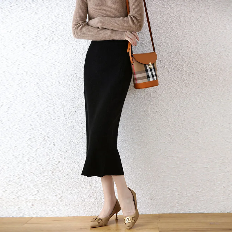 

Pure Cashmere Skirt New Women's Spring Autumn And Winter Medium Length High Waist Slim Wool Knitted Solid Versatile Hip Skirt
