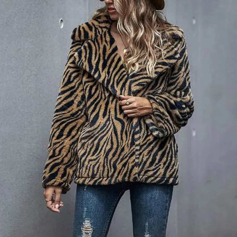 2020 Latest Coat Fashion Women's Top Tiger Print Long Sleeve Lapel Stand Collar Autumn and Winter Jacket Casual Wear