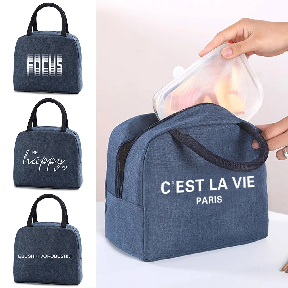 

School Child Lunch Bag Box Portable Insulated Canvas Thermal Food Picnic Lunchbox Tote 2023 Text Print Women Kids Cooler Handbag