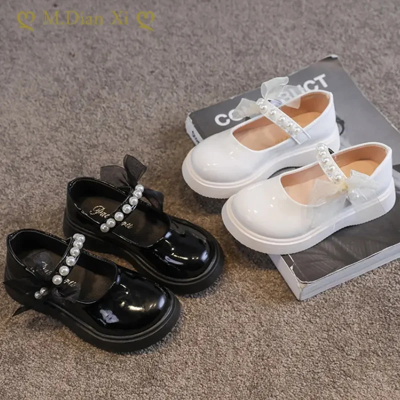 

Girl's Spring Princess Shoes Platform Ribbon Pearl Patent Leather Elegant White Black Children English Wind 26-36 Shoe for Girl