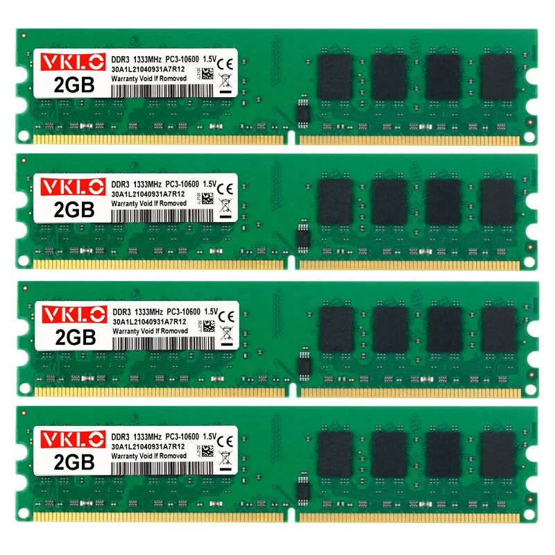 

VKLO DDR3 RAM 4X2GB 1333MHz 1600MHz Desktop Memory 2GB PC3-10600 PC3-12800 240pins Non-ECC Unbuffered DIMM RAM