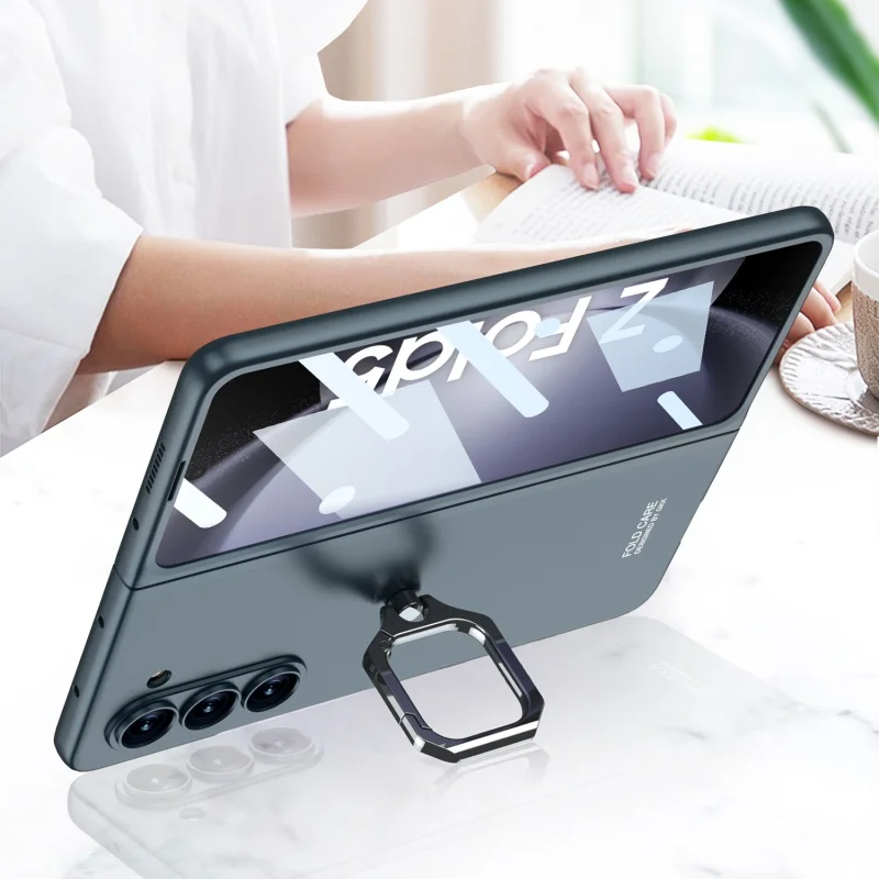 Фото Металлическое кольцо 2 в 1 Чехлы для Samsung Galaxy Z Fold 5, Ультратонкий чехол из поликарбоната, с закаленной пленкой для переднего экрана, LBE №4