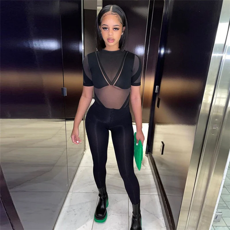 

Sylph Mesh Patchwork Jumpsuits Women Fashion Skinny Jumpsuit Short Sleeve Zipper Elastic Rompers Streetwear Female Outfits Body