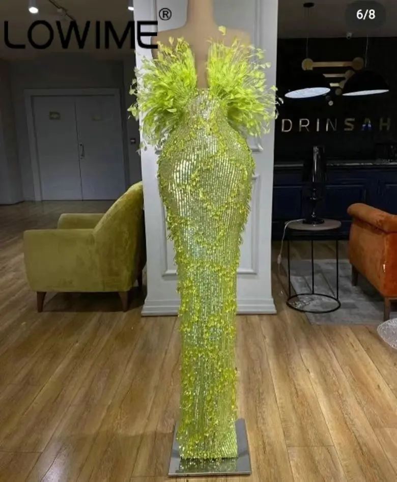 

Green Feathers Long Mermaid Evening Dresses 2023 Dubai Arabic Strapless Sparkle Crystals Women Dinner Party Prom Gowns Outfits