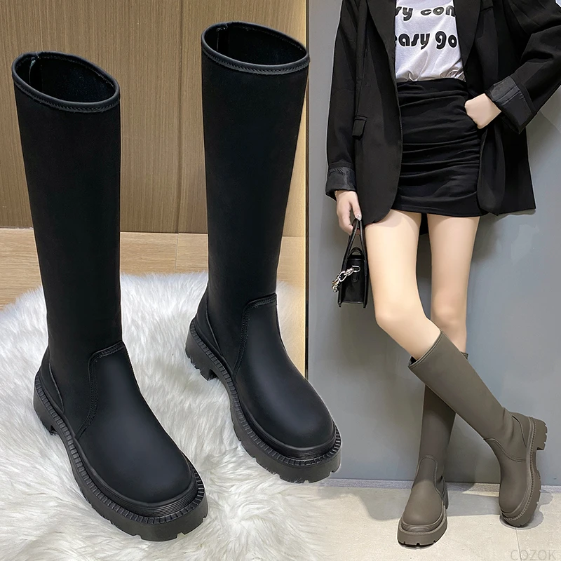 Brand New Ladies Platform Black Boots Fashion Chunky Med Heels Knee High Boots Women Casual Party Shoes Woman Thigh High Boots
