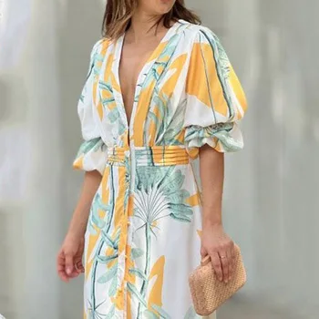 Ellafads Women Maxi Dress Summer Stylish Print Short Puff Sleeve V Neck Nipped Waist Slim Single Row Button Beach Party Dresses 2