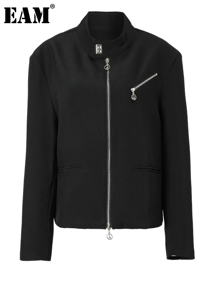 

[EAM] Loose Fit Black Zipper Big Size Casual Jacket New Lapel Long Sleeve Women Coat Fashion Tide Spring Autumn 2023 1DF6355
