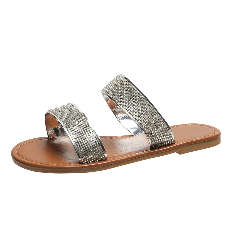 Women's Roman Style Shiny Bright Diamond Word Sandals Flat Slippers Sandals Women's 2020 Women's Fashion Low-heeled Sandals