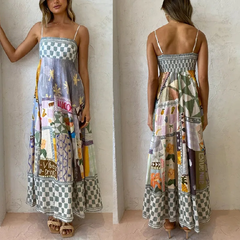 

2023 Summer New Long Dresses Women Printed Spaghetti Strap High Waist Loose A-line Dress Streetwear Beach Vacation Style Vestido