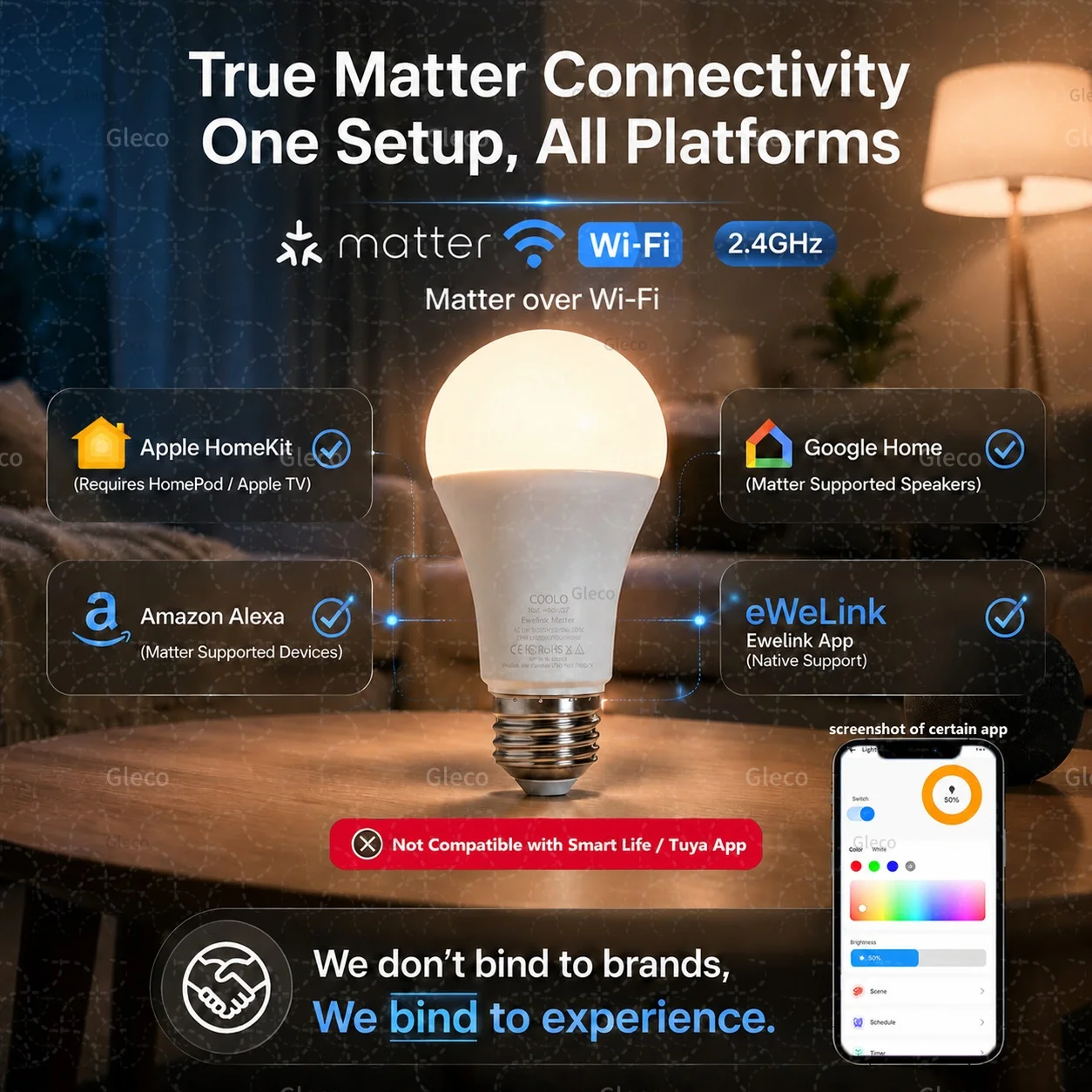 Фото Умная Wi-Fi лампа Ewelink Matter E27 LED RGB+WW+CW GU10 E14, 110В/220В, для Alexa и Google №2