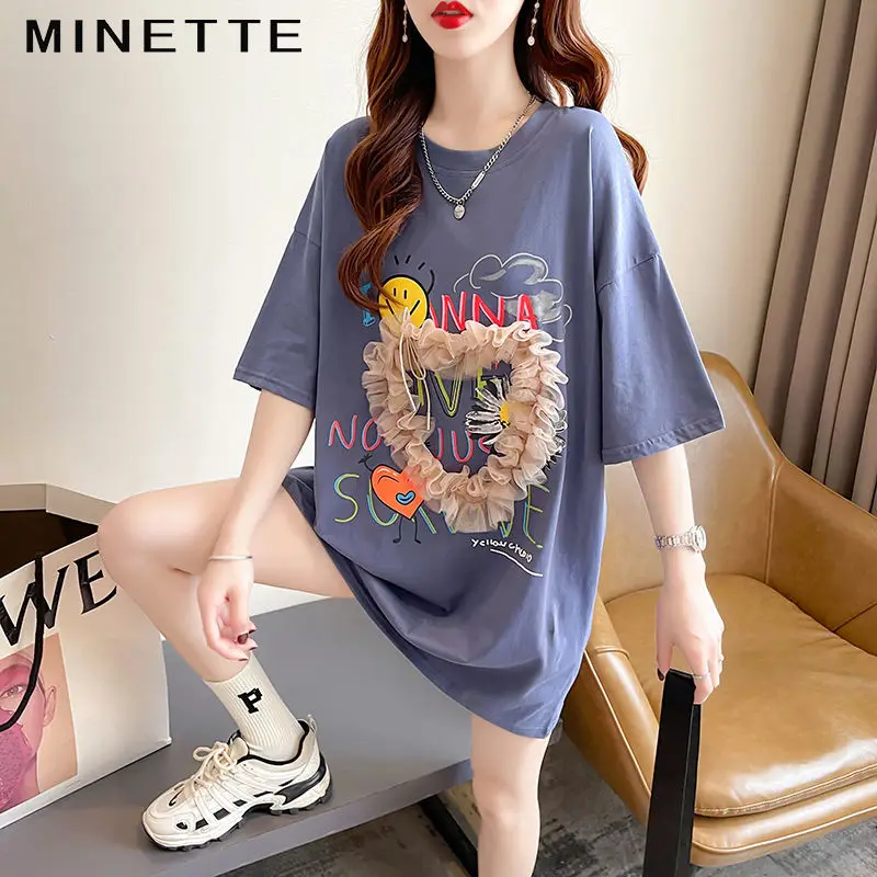 

Cotton Heart-Shaped Lace% Oversized Loose T-shirt Women's Short Sleeve Summer New Western Style Top