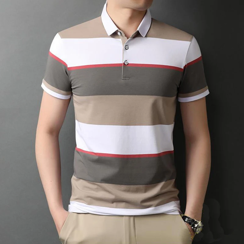 

Simple Stripes Print Polo Shirt Men's Business Casual Tee Fashion Streetwear Oversized Men T Shirt Summer Short Sleeve Clothes