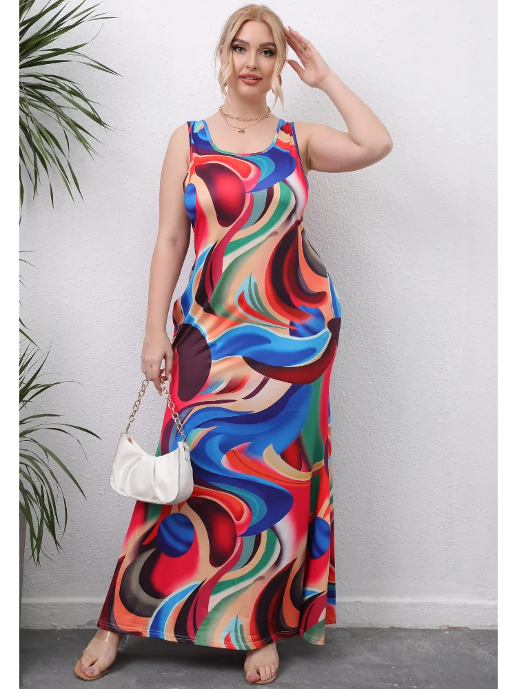 Women's Irregular Mixed Color Printing Long Tank Top Dress Casual Dress plus size dresses party dress