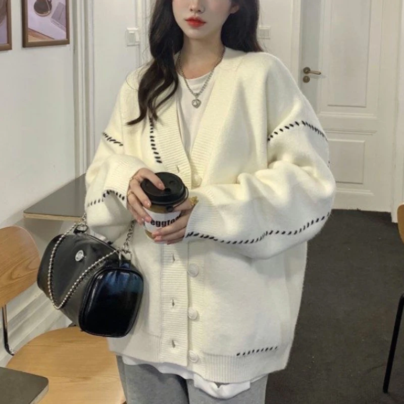 Solid Color V-neck Sweater White Cardigan Women Line Pattern Loose Outerwear 2022 New Design Sense Niche Knitted Sweater Coat