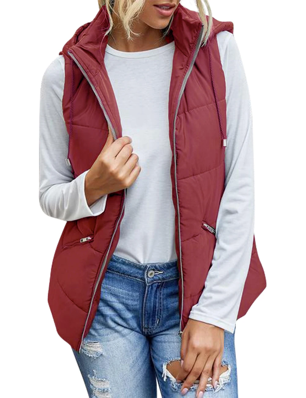 Women's Lightweight Zip Up Hooded Vest Fashion Sleeveless Quilted Jacket With Pockets