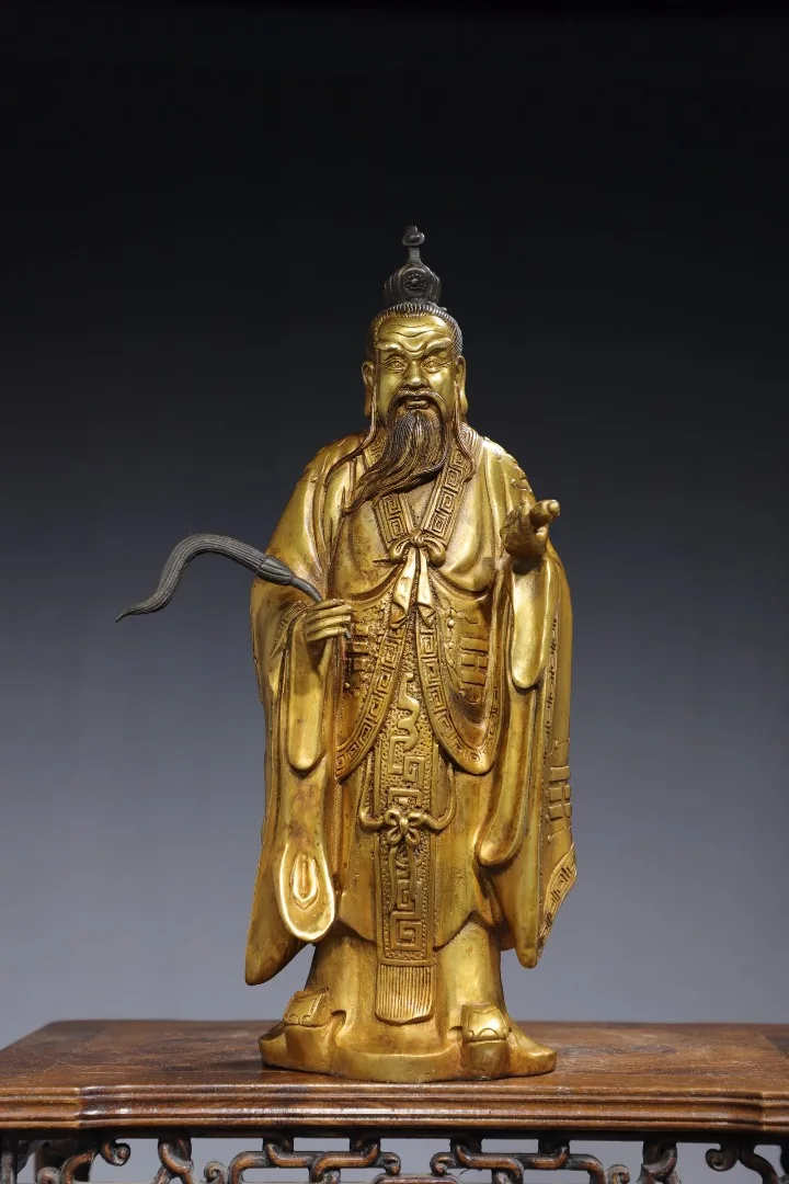 

15"Tibet Temple Collection Old Bronze Cinnabar Gilding Lord Lao Zi Laotse The founder of Taoism Worship Hall Town house