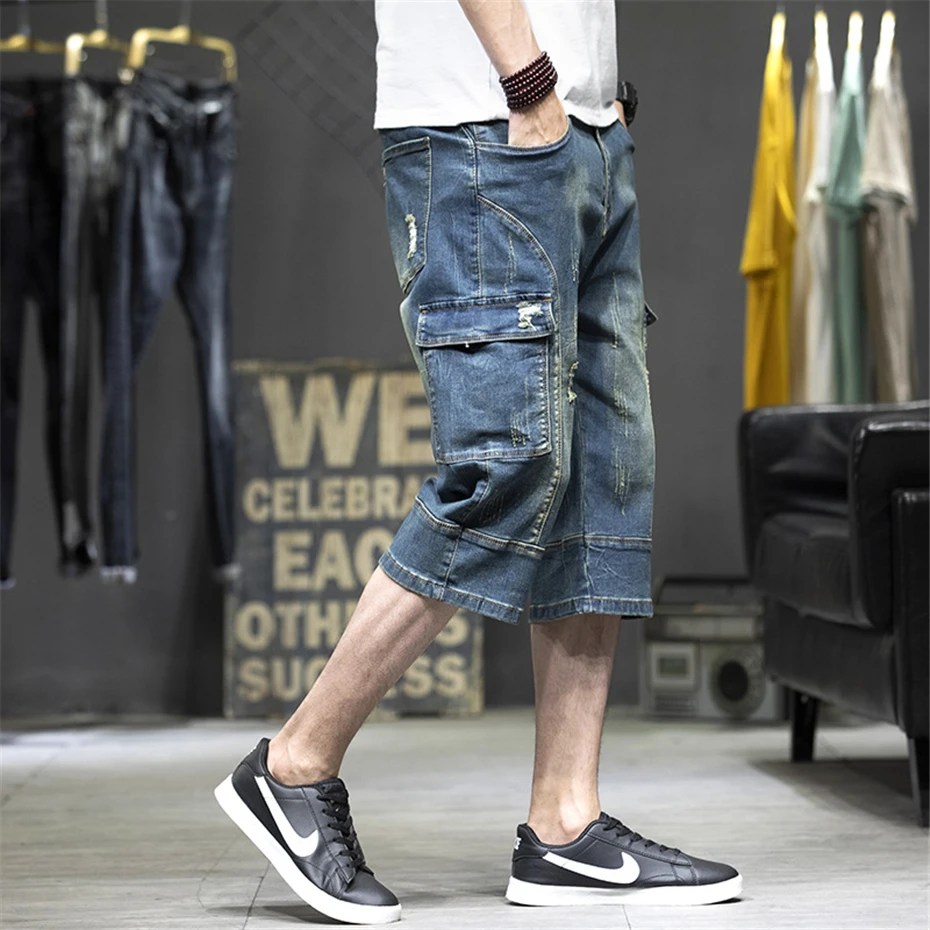 Vintage Streetwear Jeans Men Summer Denim Pants Calf-length Jeans Male Fashion Short Pants Plus Size 40 44 Baggy Bottoms