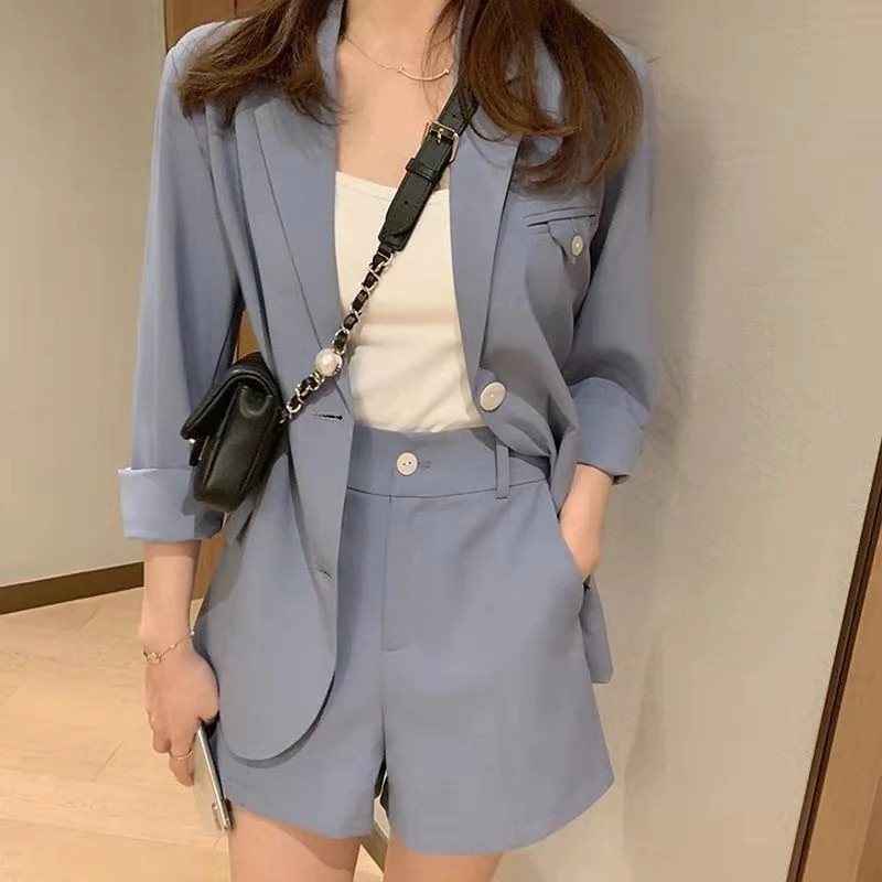 

Office Suit Suit Korean Solid Casual Two-piece Set Summer Casual Girls Jacket High Waist Shorts Vest Jacket