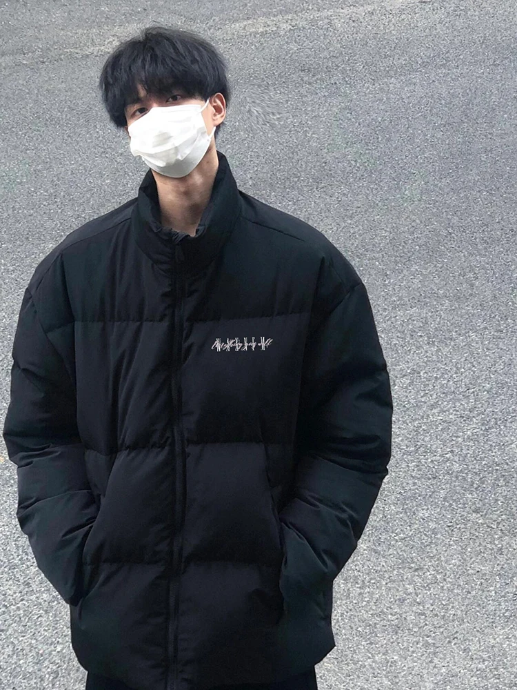 Trendy Brand Letter Print Stand Collar Cotton-Padded Coat Men's Winter Oversize Thickened Loose Hip-hop All-Match Couple look...
