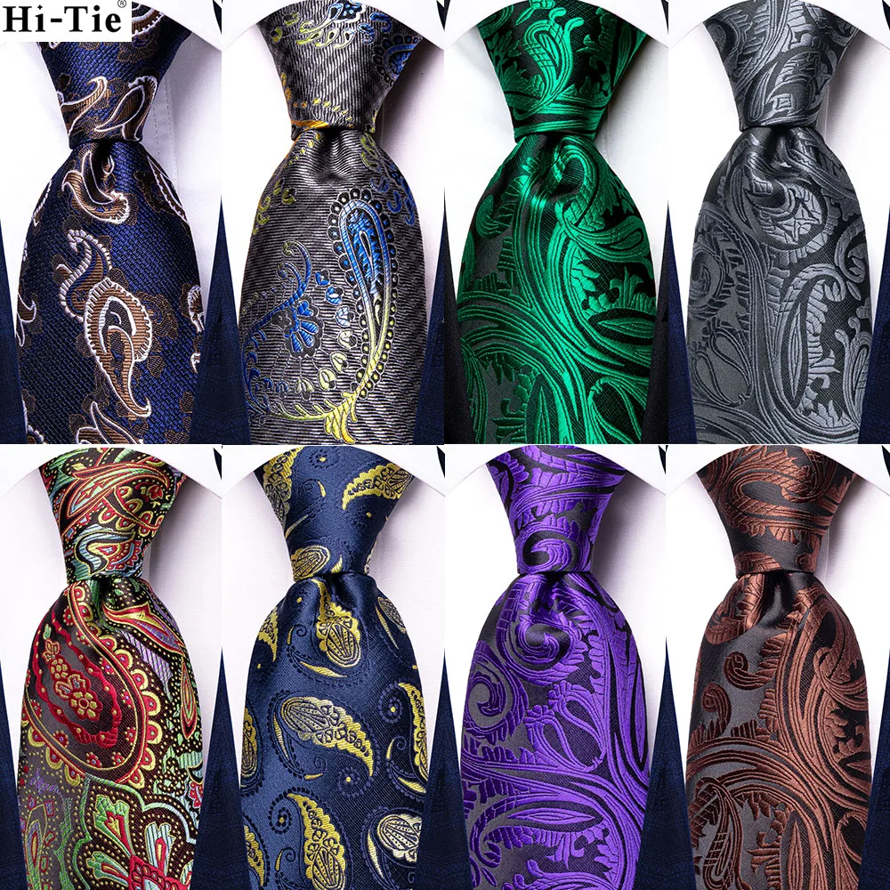 

2022 New Red Pureple Paisley Mens Ties Hanky Cufflinks Set Silk Necktie For Men Wedding Party Business Hi-Tie Fashion Brand