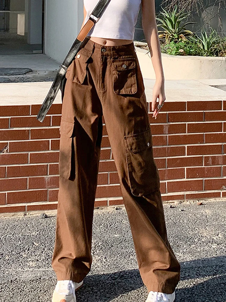 

Vintage High Waist Straight Cargo Pants Women Autumn New Fashion Classic Wide Leg Denim Trousers Casual Simple Y2k Jeans 2022