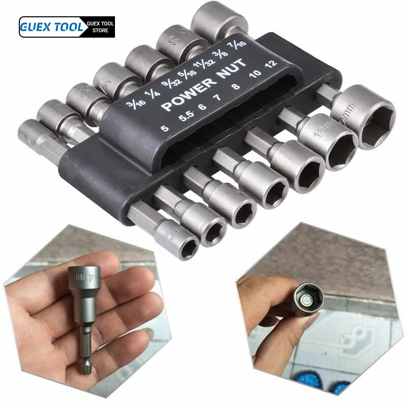 

10mm Power Nut Driver Drill Bit Set 5-12mm Hexagonal Shank Hex Nut Socket 1/4" Screw Metric Driver Tool Set Adapter Drill Bit
