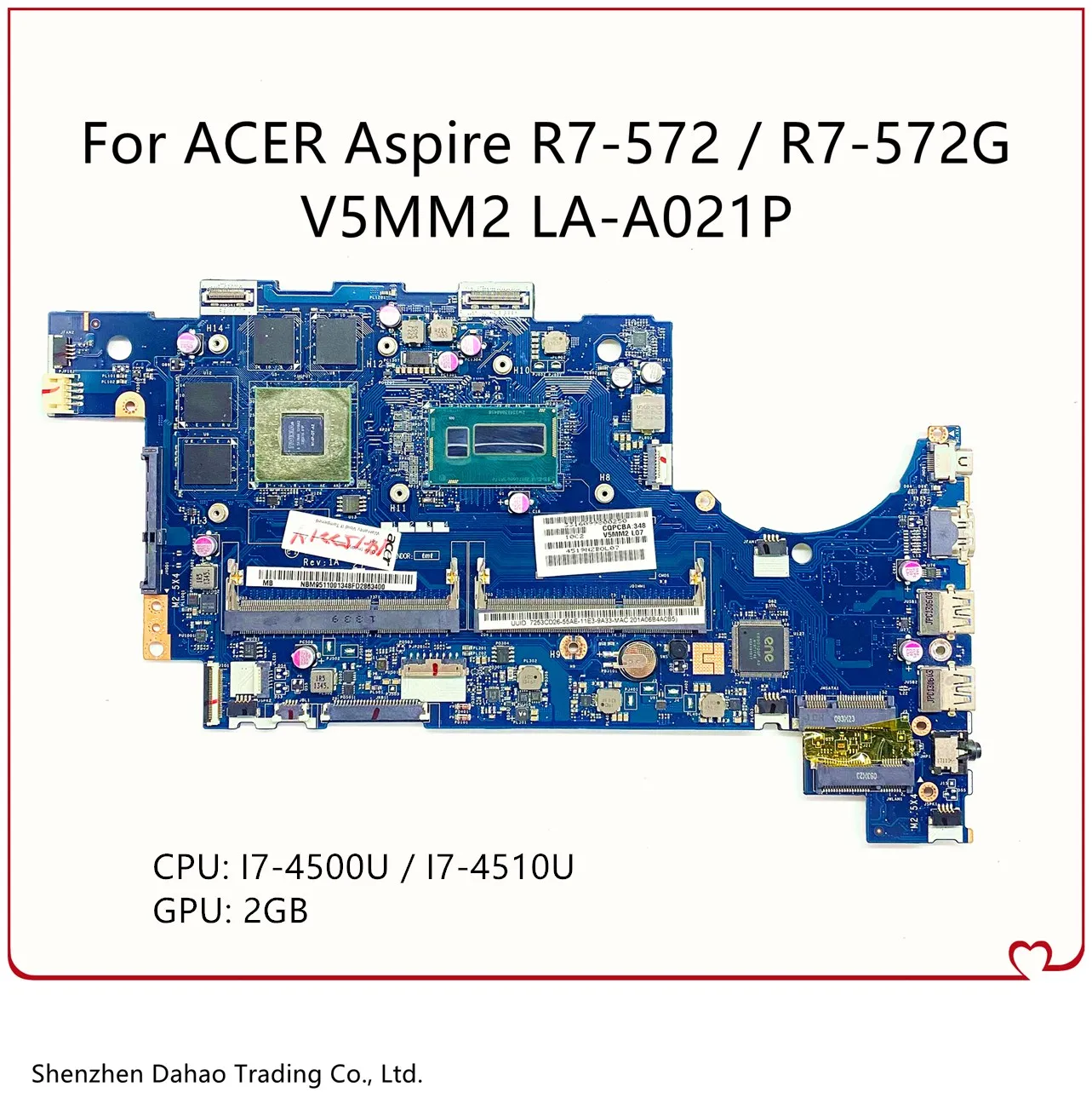 

Материнская плата V5MM2 для ноутбука Acer Aspire LA-A021P R7-572, материнская плата для ноутбука с R7-572G/4510U CPU GT750M 2G-GPU 100%, полностью протестирована