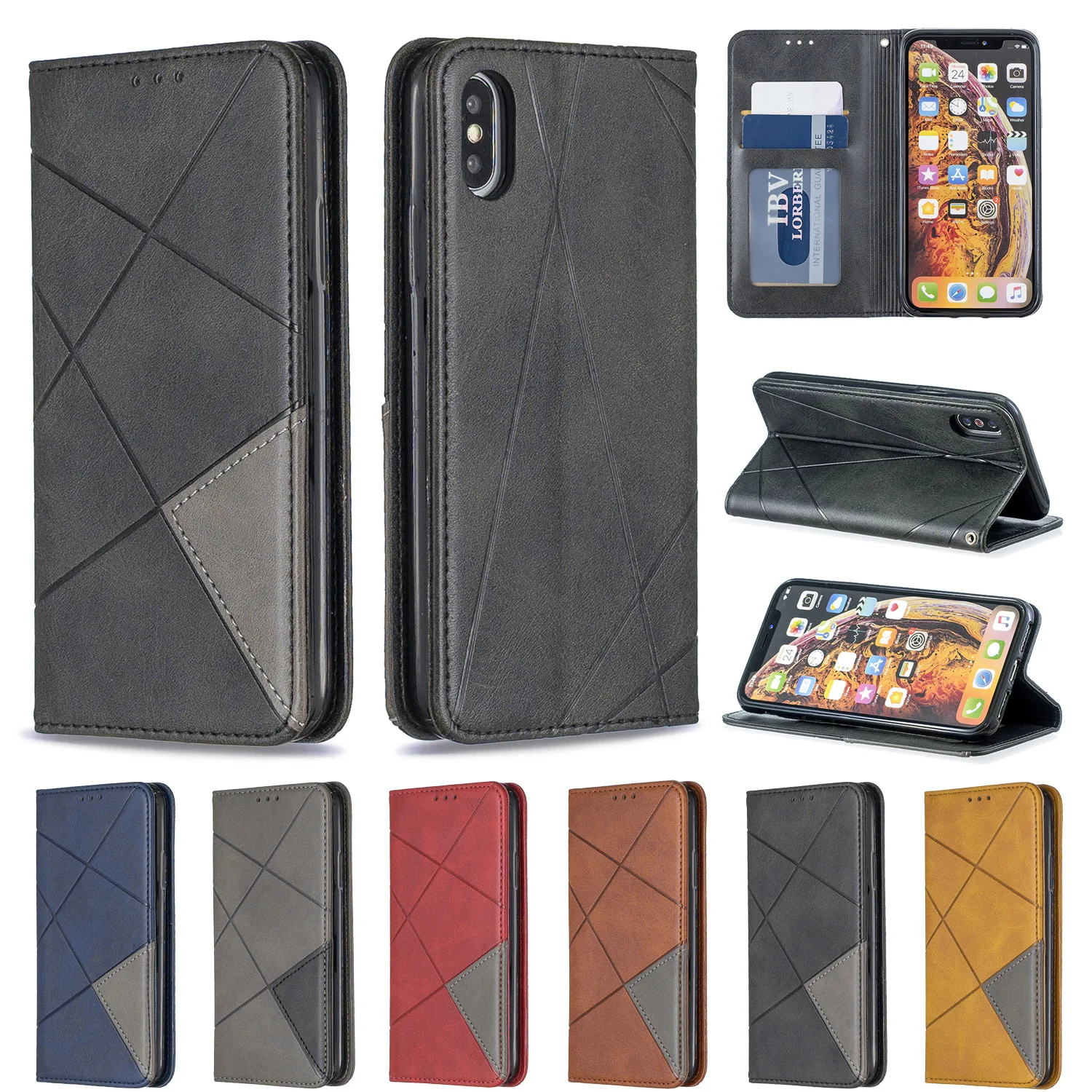 

10pcs Prismatic Dark Magnetic Leather Wallet Case for iPhone 14 13 12 Pro Max Plus Mini 11 X XS XR 8 7 Case Cover