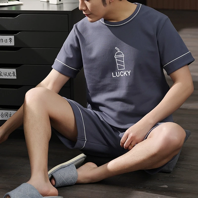 

Корейский минималистичный стиль, мужской пижамный комплект, домашняя одежда с коротким рукавом, хлопковая одежда для сна для мальчиков, пов...