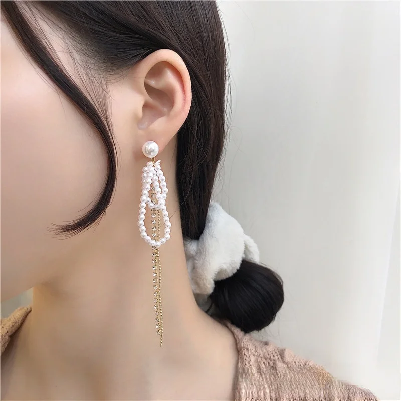 

Minar Elegant Faux Pearl Beaded Hollow Waterdrop Pendant Earrings for Women Ladies Long Shiny Rhinestone Tassel Earrings Jewelry