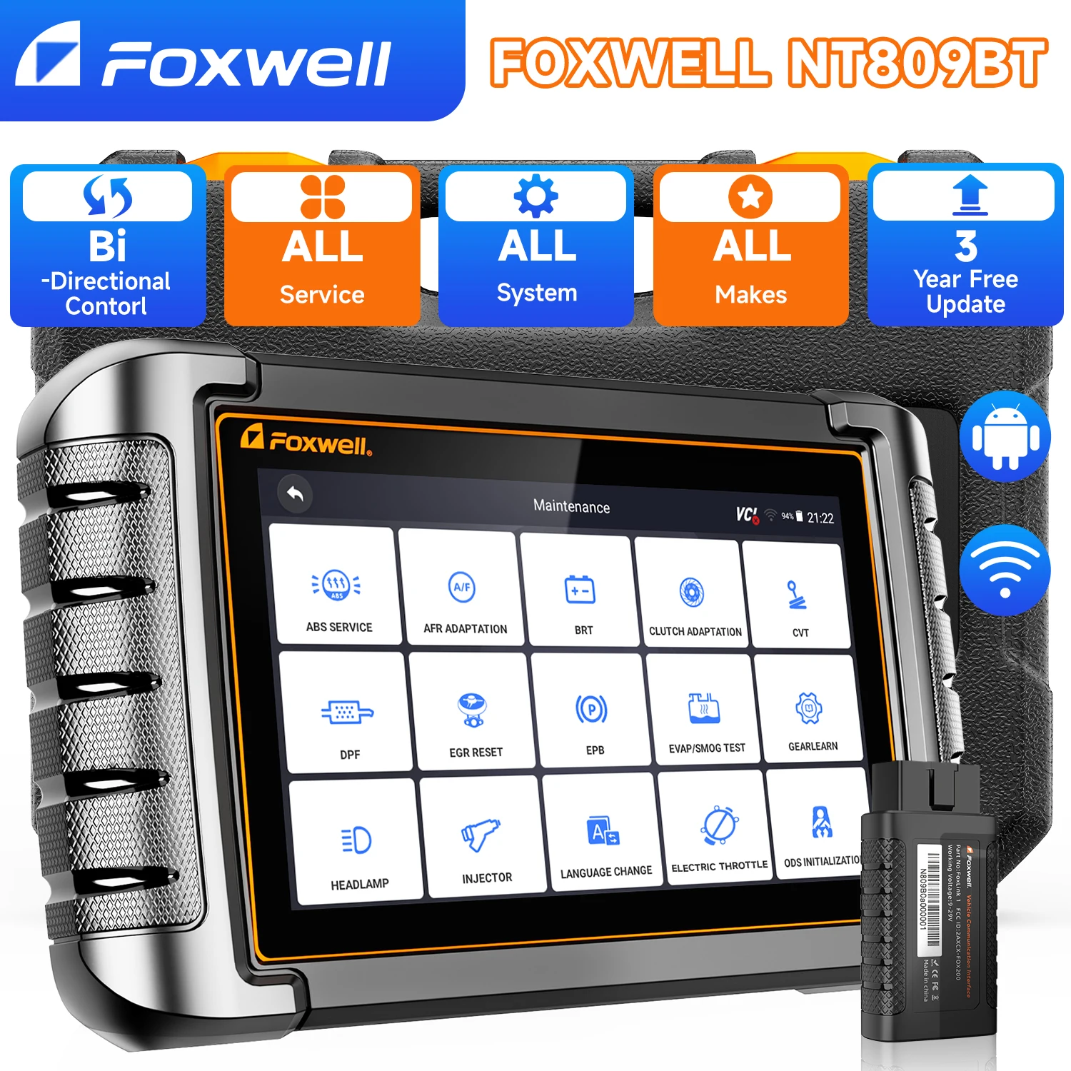 Фото Диагностический инструмент для автомобилей с поддержкой OBD2 и Bluetooth, двустороннее тестирование всех систем, сброс 30+ функций IMMO, считыватель кодов, сканер FOXWELL NT809BT OBD2. №1