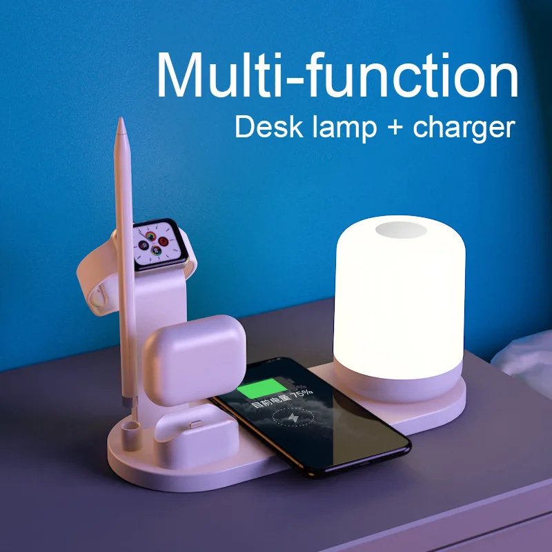 

6 IN 1 Wireless Charger 10W Mobile Phone Fast Charging Desktop Stand Alarm Clock Night Light Desk Lamp Watch Pencil iPAD