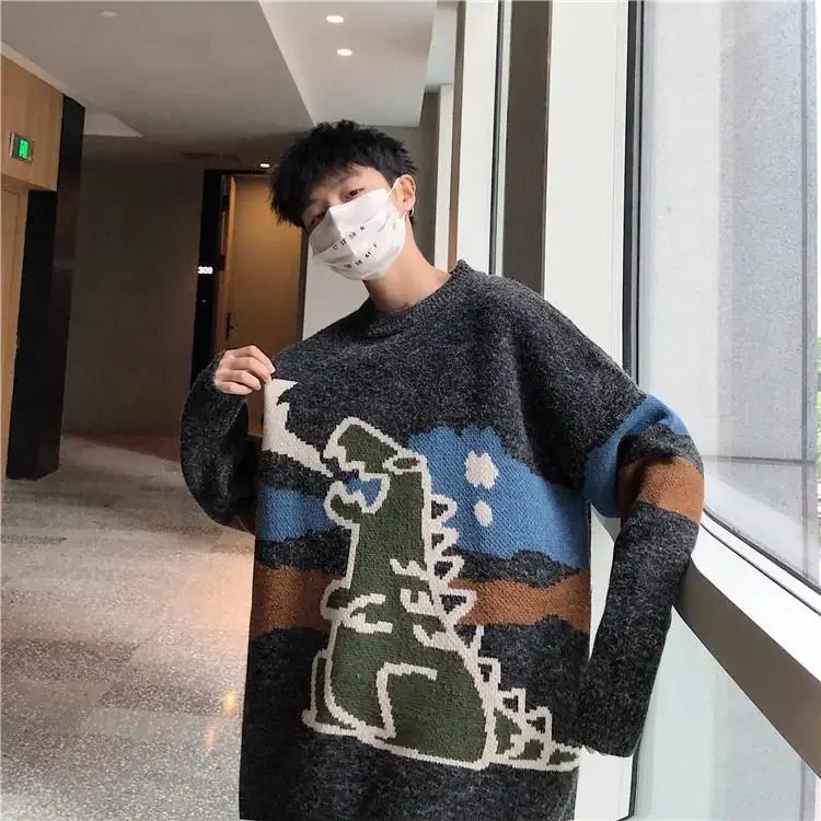 Свитер мужской оверсайз с круглым вырезом уличная одежда в стиле ретро принтом