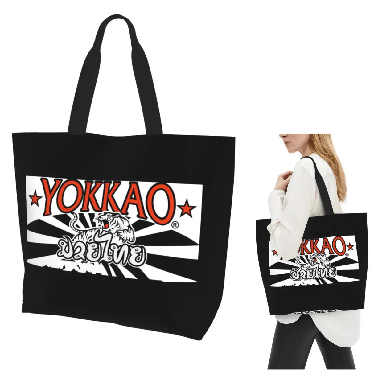 Фото Сумка-шоппер с логотипом Yokkao Muay Thai, холщовая сумка через плечо большой вместимости, сумка-шоппер для покупок, женская сумка для продуктов №1