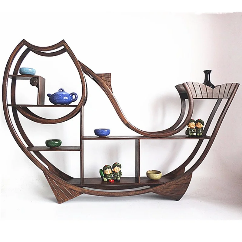 zq Rosewood Fish-Shaped Duobao Pavilion Solid Wood Wall-Mounted Tea Set Stand Purple Sand Teapot Shelf Bonsai
