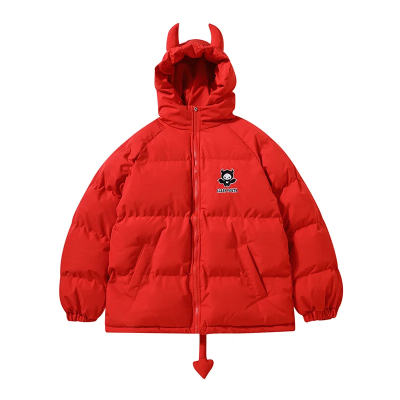Зимние Утепленные парки для мужчин и женщин пуховик с дьявольским рогом хвостом