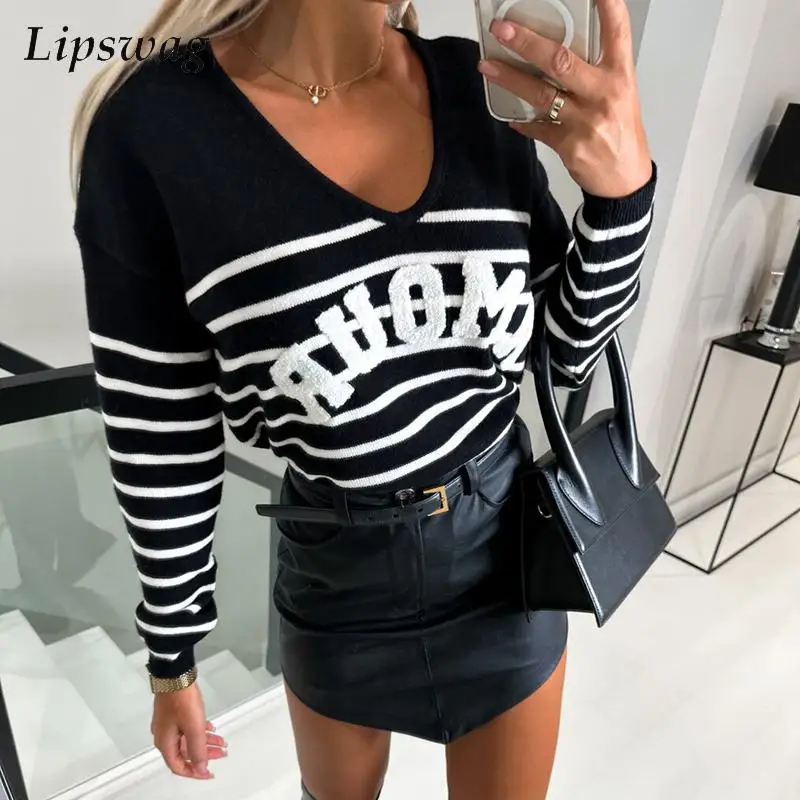 

Повседневный Свободный пуловер с длинным рукавом, джемпер, Зимние Модные Полосатые свитера с аппликацией букв, Осенние сексуальные женские...